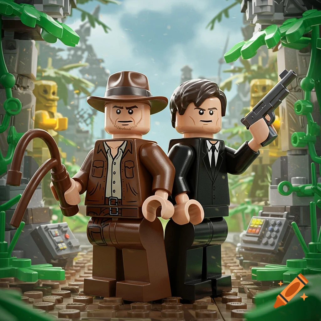 Lego Indiana Jones and James Bond standing back to back in a jungle ruin, ready for adventure.