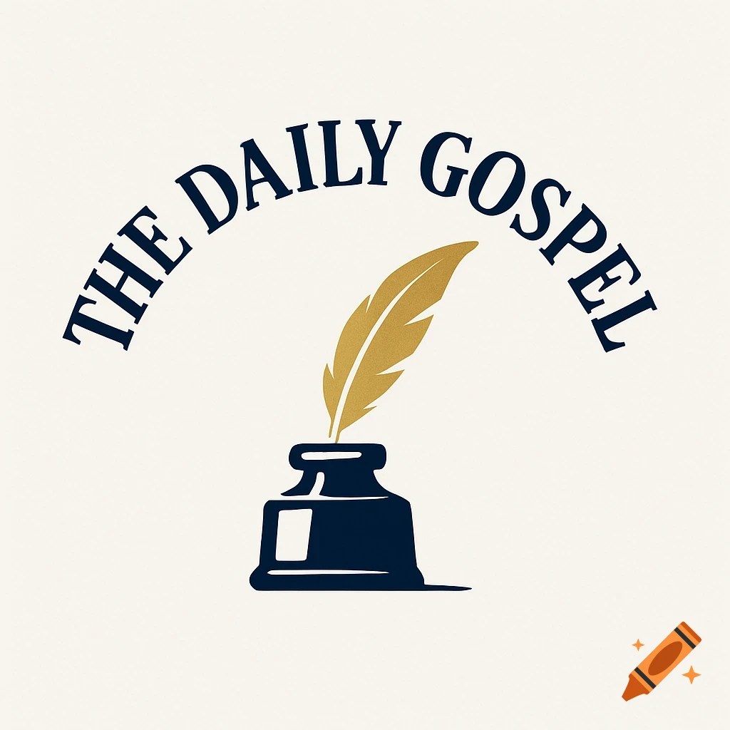 A minimalist logo for 'THE DAILY GOSPEL' newspaper, featuring dark blue text arched above a dark blue inkpot with a golden quill, all on a light beige background.