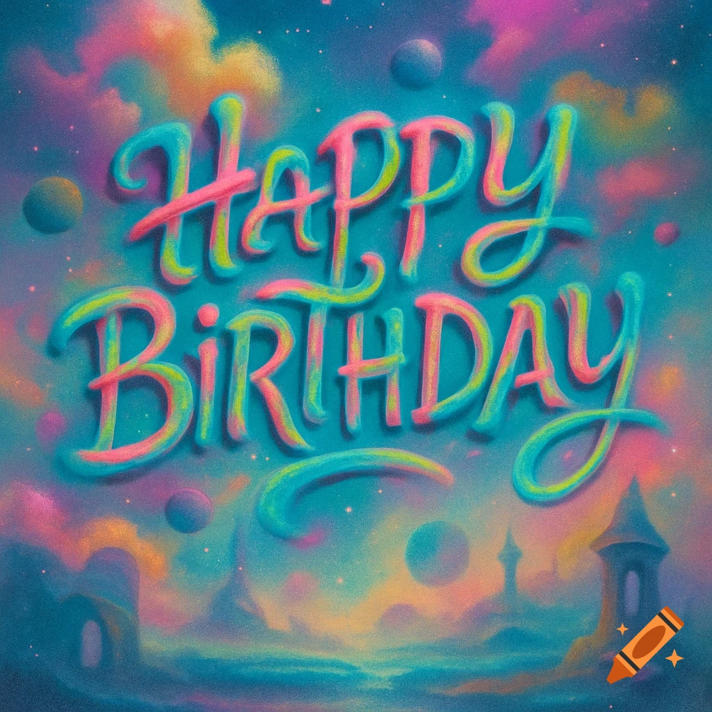 Colorful "Happy Birthday" text with a spray paint effect, set against a vibrant, cosmic surreal landscape with planets and distant structures.