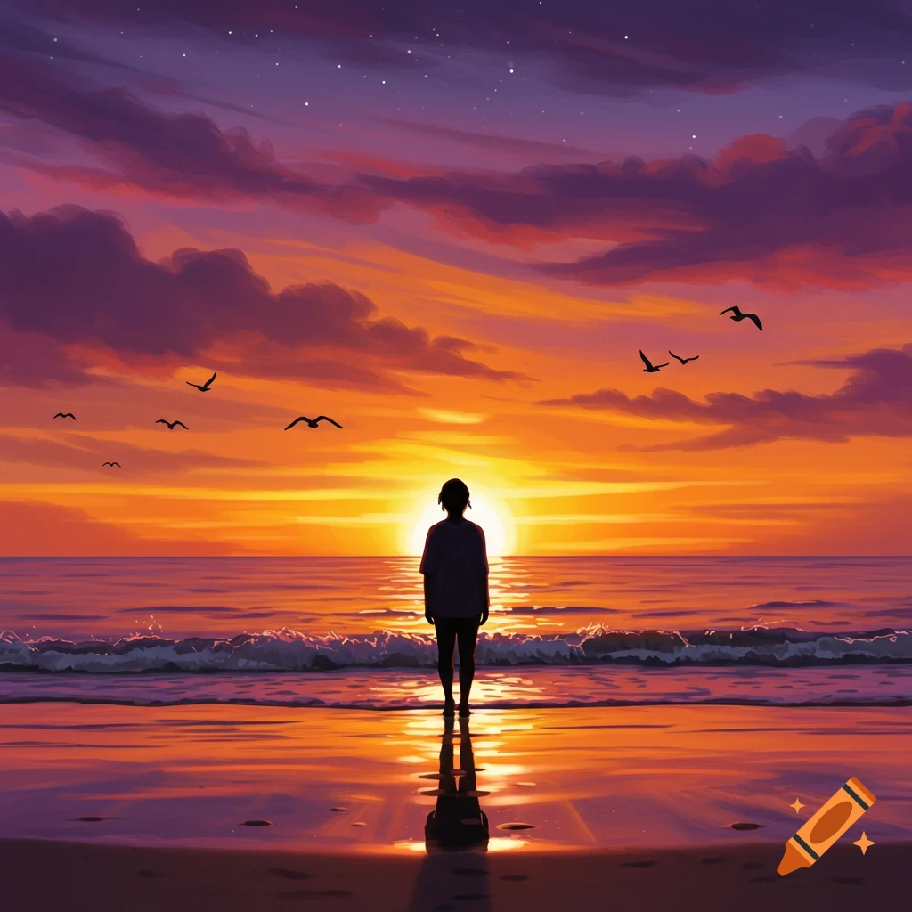 An artistic illustration of a person standing on a beach, looking at a vibrant orange and purple sunset over the ocean with birds flying.
