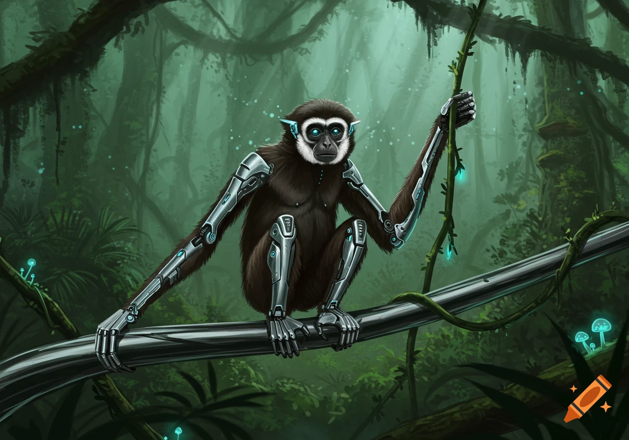 A cybernetically modified gibbon with glowing blue eyes sits on a branch in a lush, mystical jungle with glowing mushrooms.