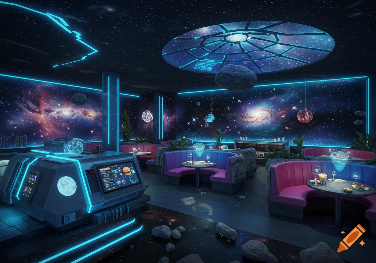 Futuristic, neon-lit space-themed restaurant interior with purple booths, glowing blue accents, floating asteroids, and interactive screens.