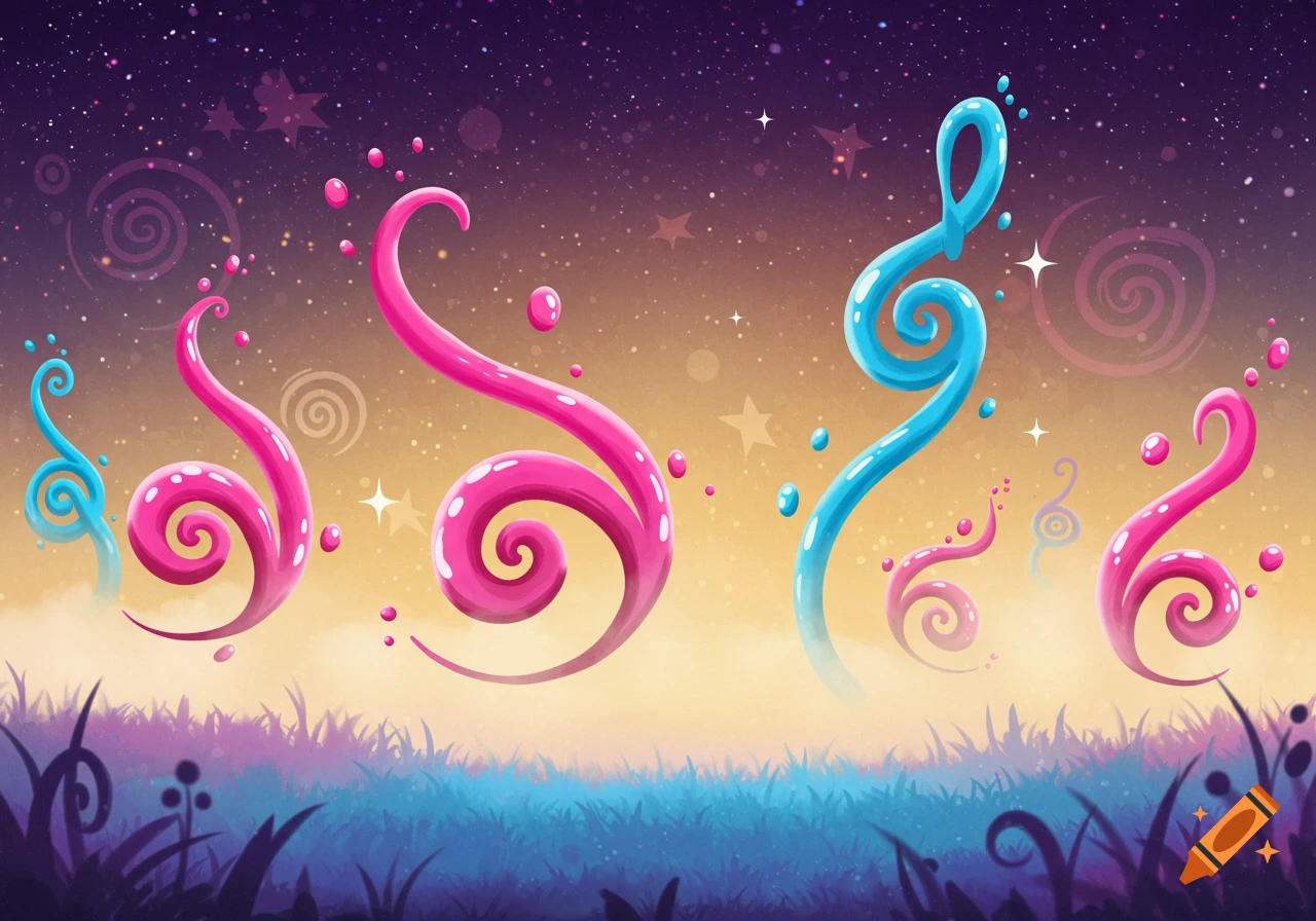 Vibrant pink and blue treble clefs float above glowing grassy hills under a starry night sky, whimsical illustration.