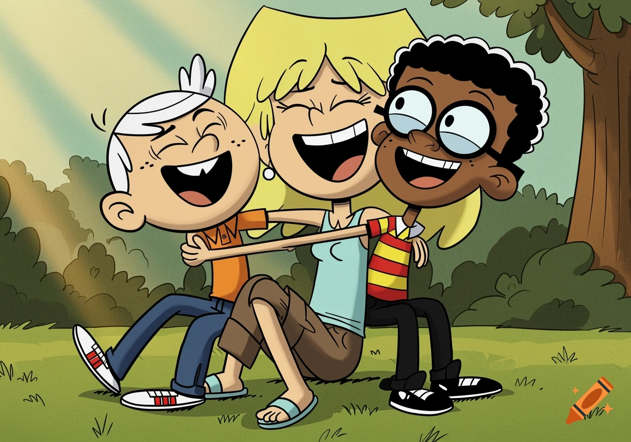 Lincoln and Clyde sit on Lori's legs, all three hugging and laughing loudly in a cartoon style, outdoors.