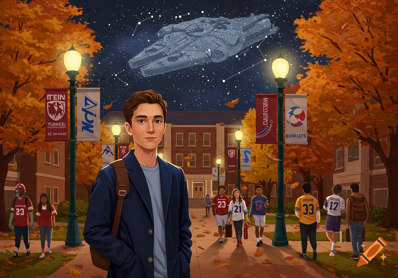 An illustration of a young man on an autumn college campus at night, with a spaceship constellation in the sky and other students.