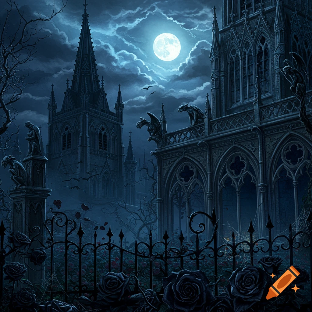 Dark gothic castle with spires and gargoyles under a bright full moon, overlooking a rose garden with a wrought iron fence.