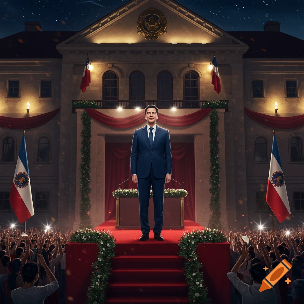 A man in a blue suit stands on a red-carpeted stage in front of a grand building decorated with flags and banners, addressing a cheering crowd at night.