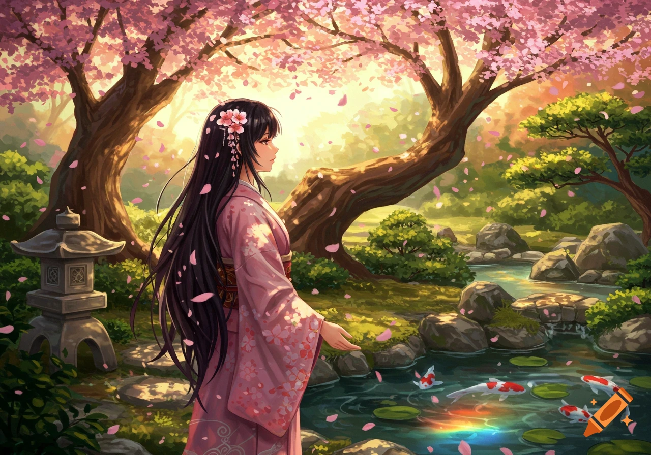 Anime girl in a pink kimono stands by a koi pond in a vibrant Japanese garden with falling cherry blossoms.