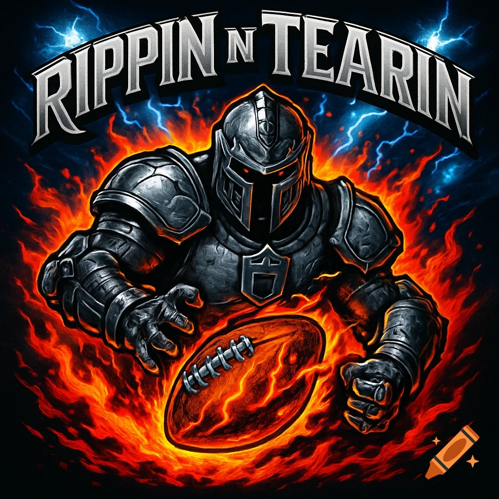 A dark, armored warrior or knight with glowing red eyes holds a flaming football, surrounded by fire and lightning. Above, the text "Rippin n Tearin" is displayed. Stylized logo artwork.