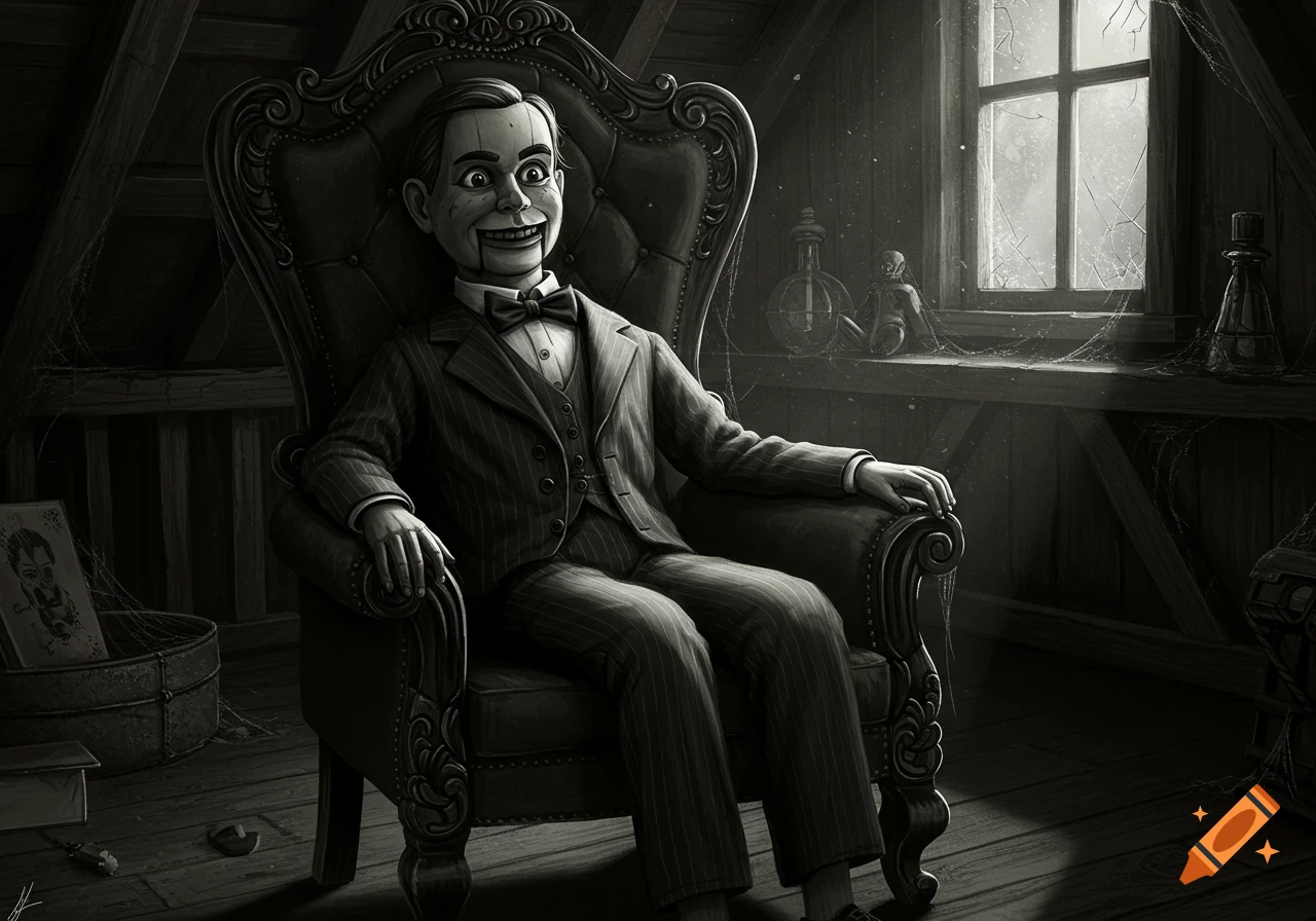 A creepy ventriloquist dummy in a pinstripe suit sits in an ornate armchair in a dusty, dark attic, bathed in light from a window.