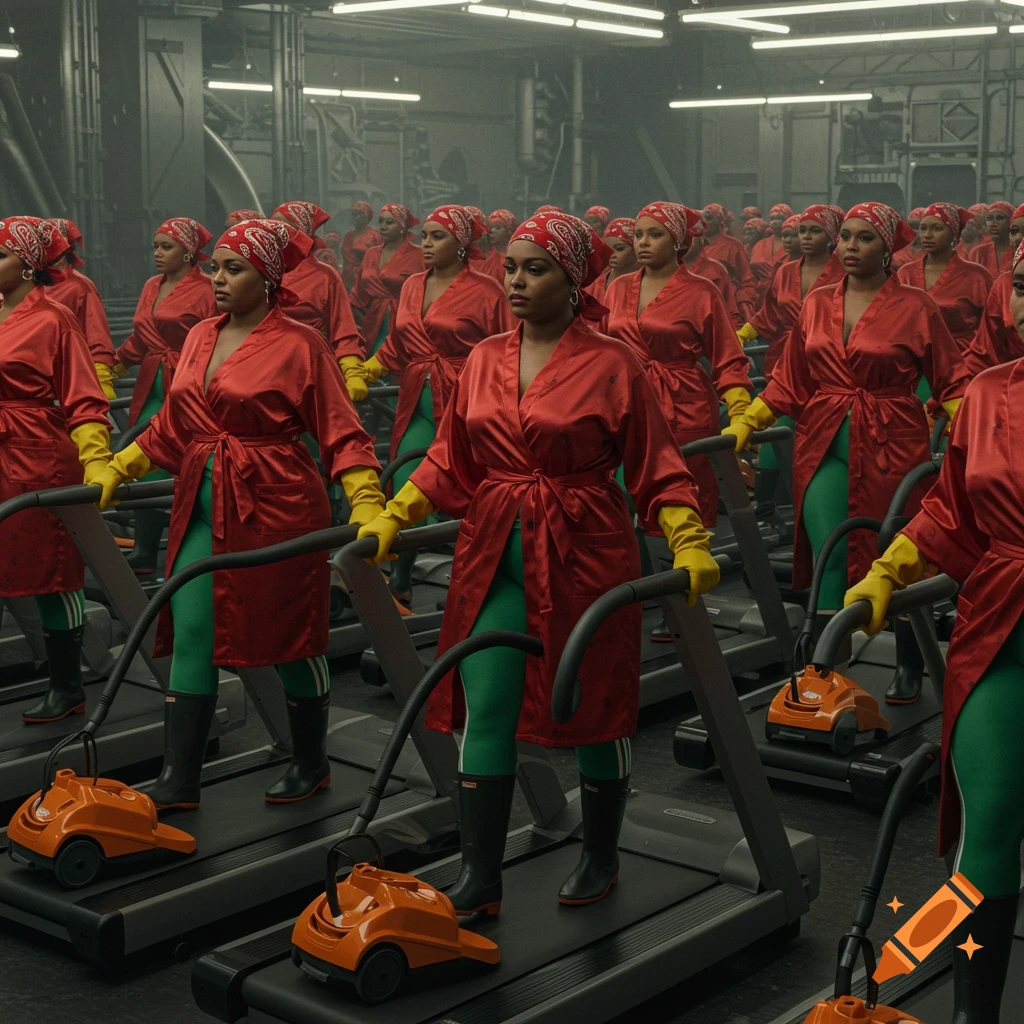 Many women in red robes and yellow gloves walk on treadmills, pushing orange vacuum cleaners in a vast, dystopian industrial hall.