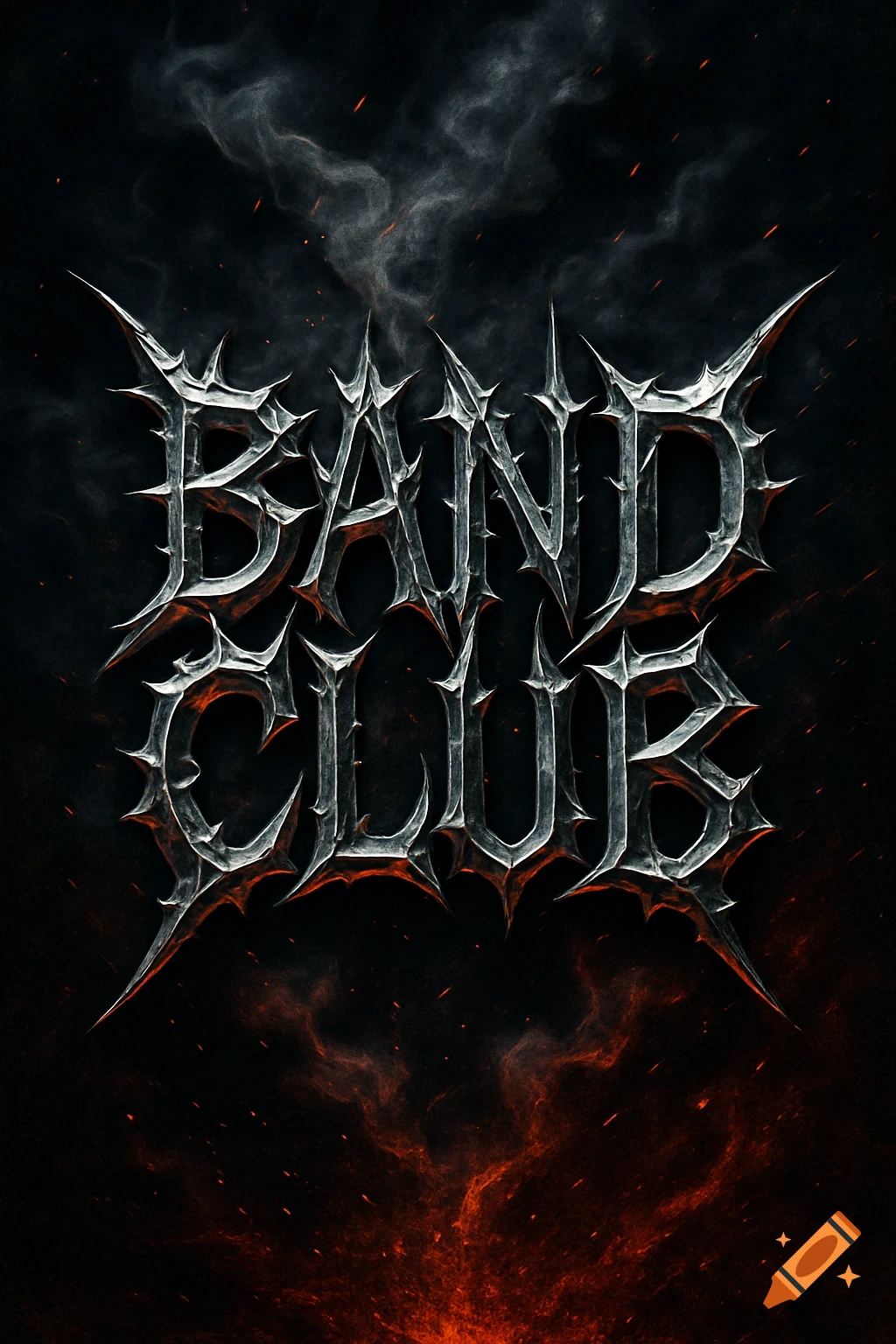 Stylized metal text 'BAND CLUB' with smoke and embers on a dark background, in the style of a heavy metal music poster.