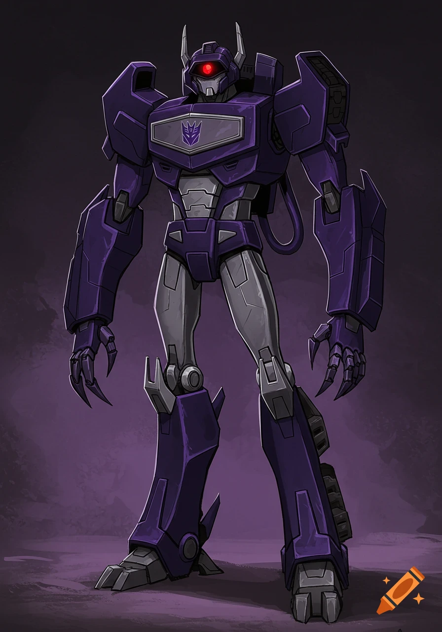 A tall, purple and grey robot, Shockwave, with a single red eye and Decepticon insignia on its chest, in a stylized animated art style.