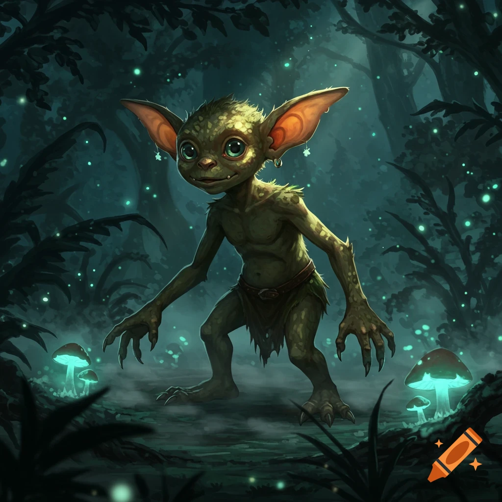 A cute, green grublin with large ears and big eyes stands in a dark, glowing fantasy forest with luminous mushrooms.