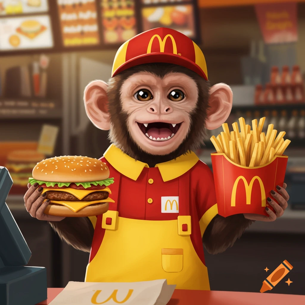 A cartoonish capuchin monkey dressed as a McDonald's employee, smiling and holding a burger and fries behind a counter.