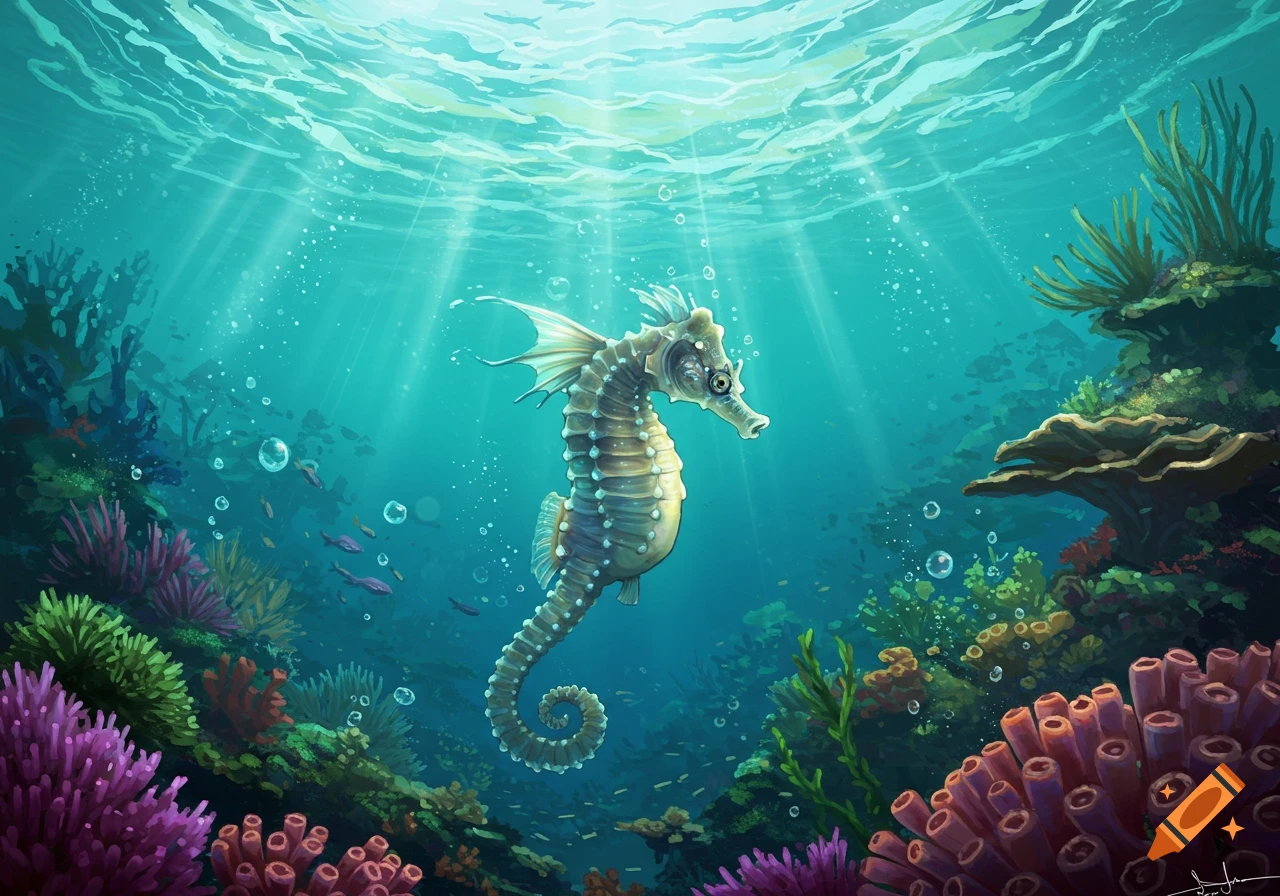 An illustrated seahorse gracefully swims in a vibrant, sunlit underwater coral reef teeming with colorful plant life.