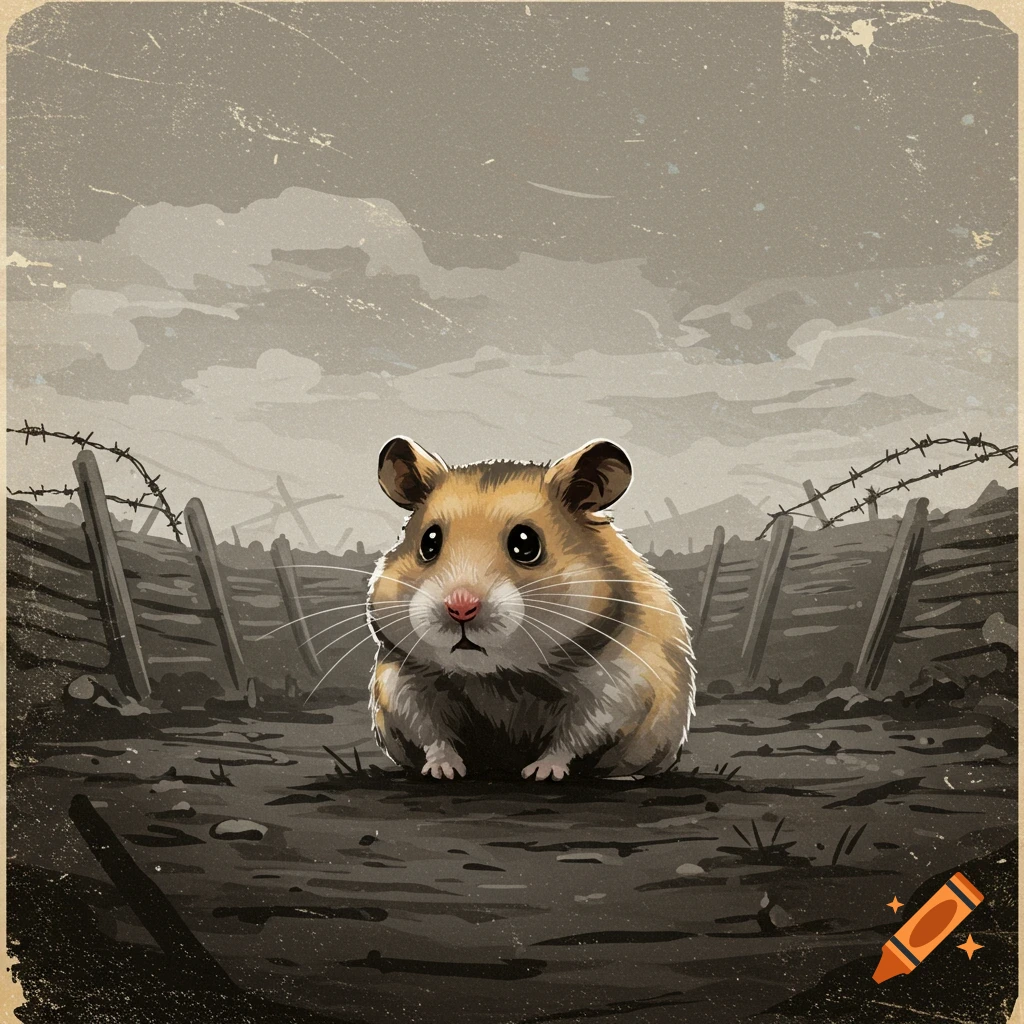 A sad hamster sits in a desolate, muddy landscape with barbed wire and trenches, in a distressed WW2 stencil art style.