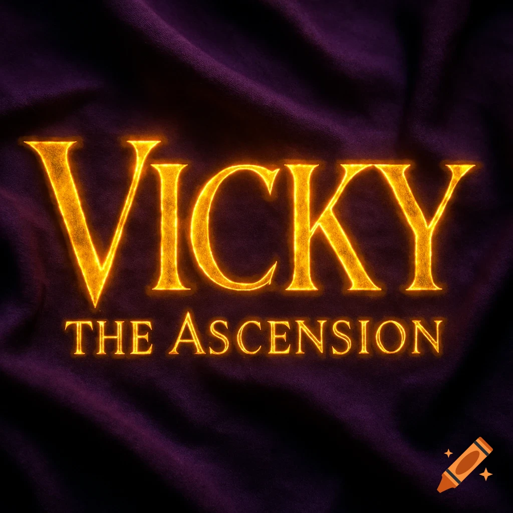 Golden glowing text reading "VICKY THE ASCENSION" on a dark, wrinkled purple fabric background.