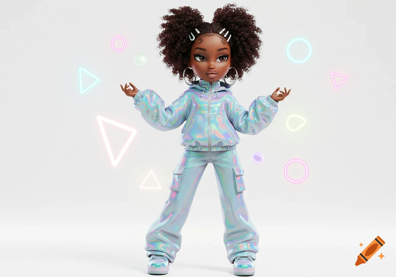 A 3D chibi Bratz-style African American girl in a holographic tracksuit, surrounded by neon geometric shapes on a white background.