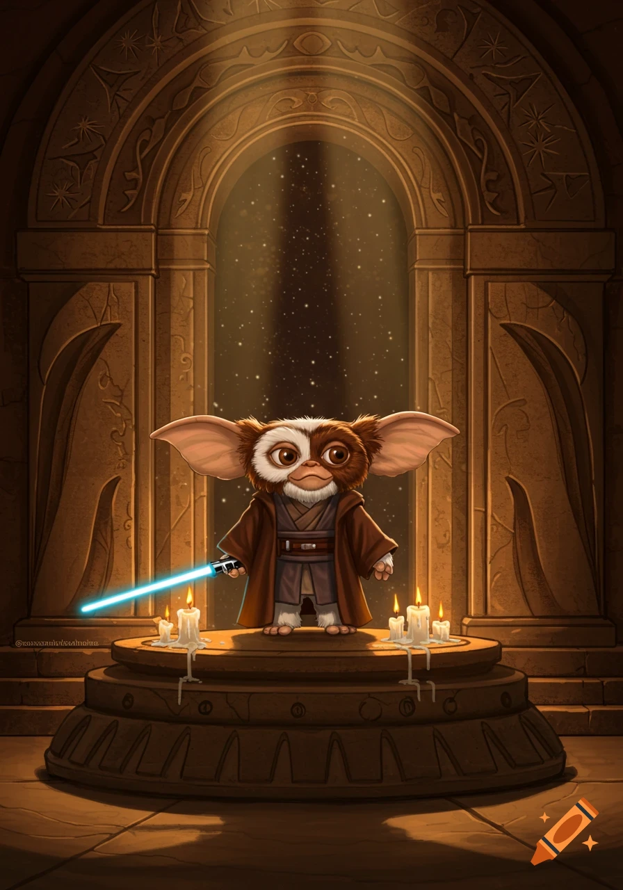 Cute Gremlin Gizmo as Anakin Skywalker, holding a blue lightsaber, stands in a candle-lit stone temple with a starry arch.