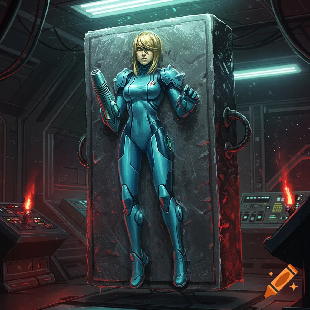 Zero Suit Samus in a blue suit, frozen in a carbonite block within a dark, sci-fi chamber.