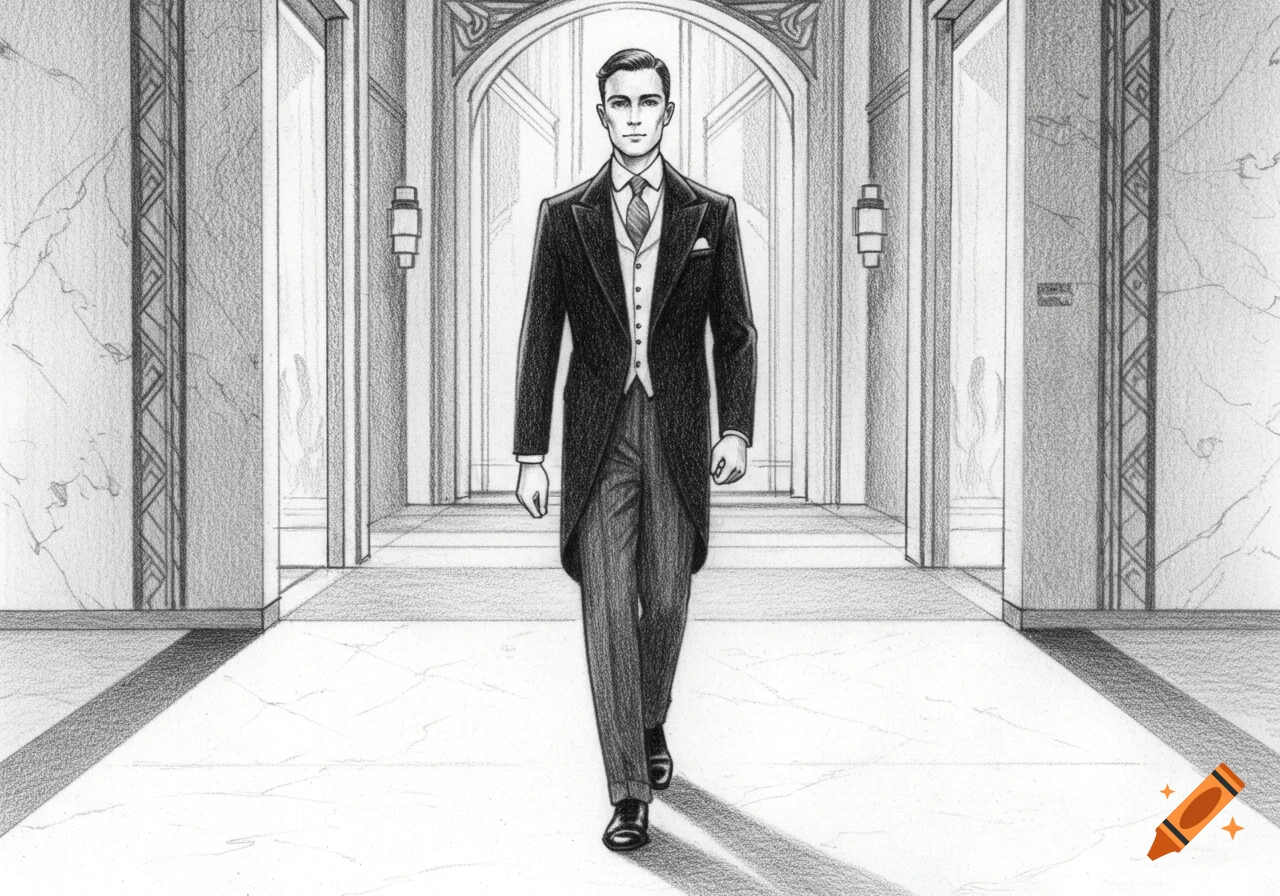 A grayscale sketch of a man in a white tie and tailcoat walking down an Art Deco hallway.