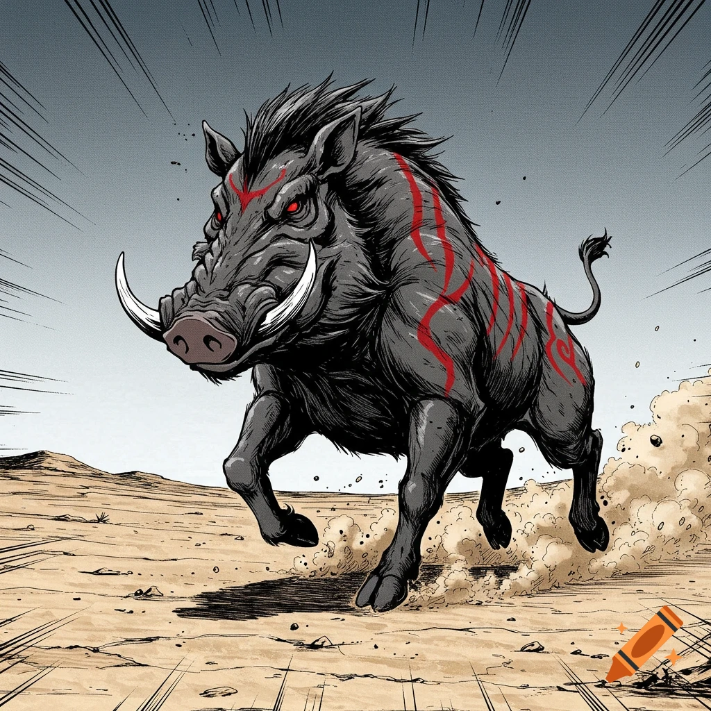 A fierce, dark grey wild boar with glowing red eyes and red tribal patterns on its body charges through a dusty desert, drawn in manga style.