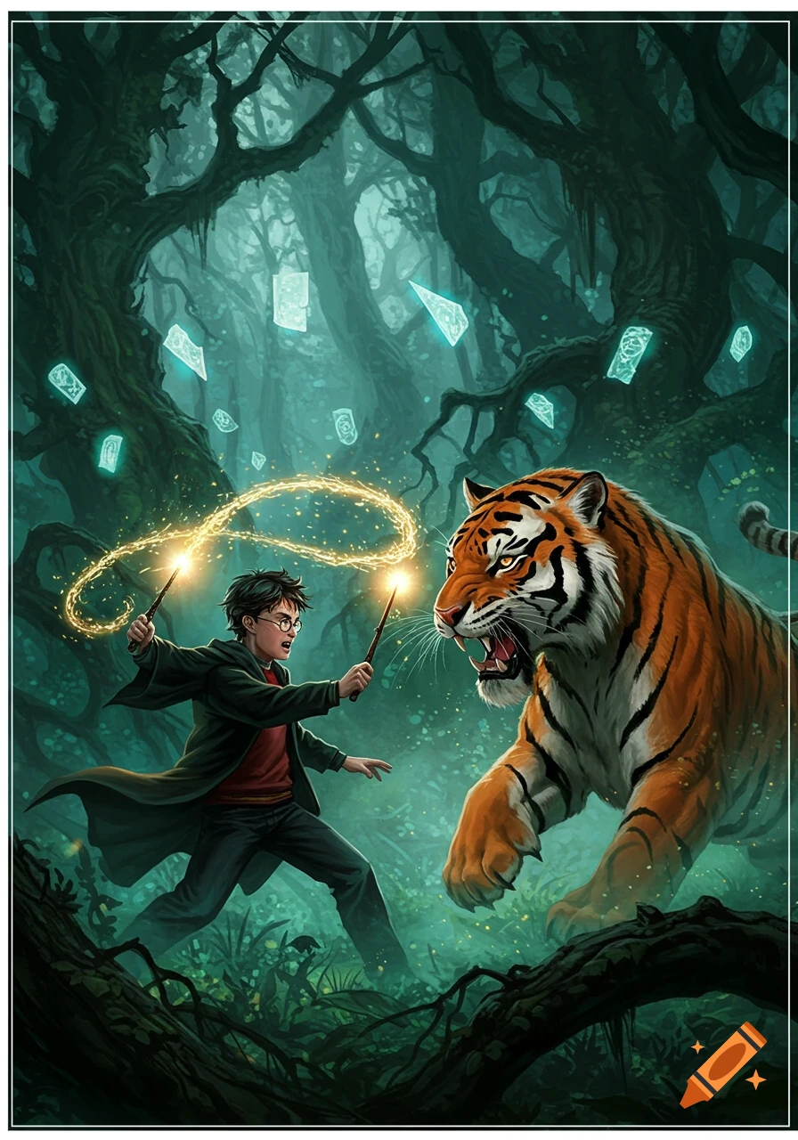 Harry Potter in a dark forest casting a golden spell from two wands at a roaring tiger, with glowing cards floating around.