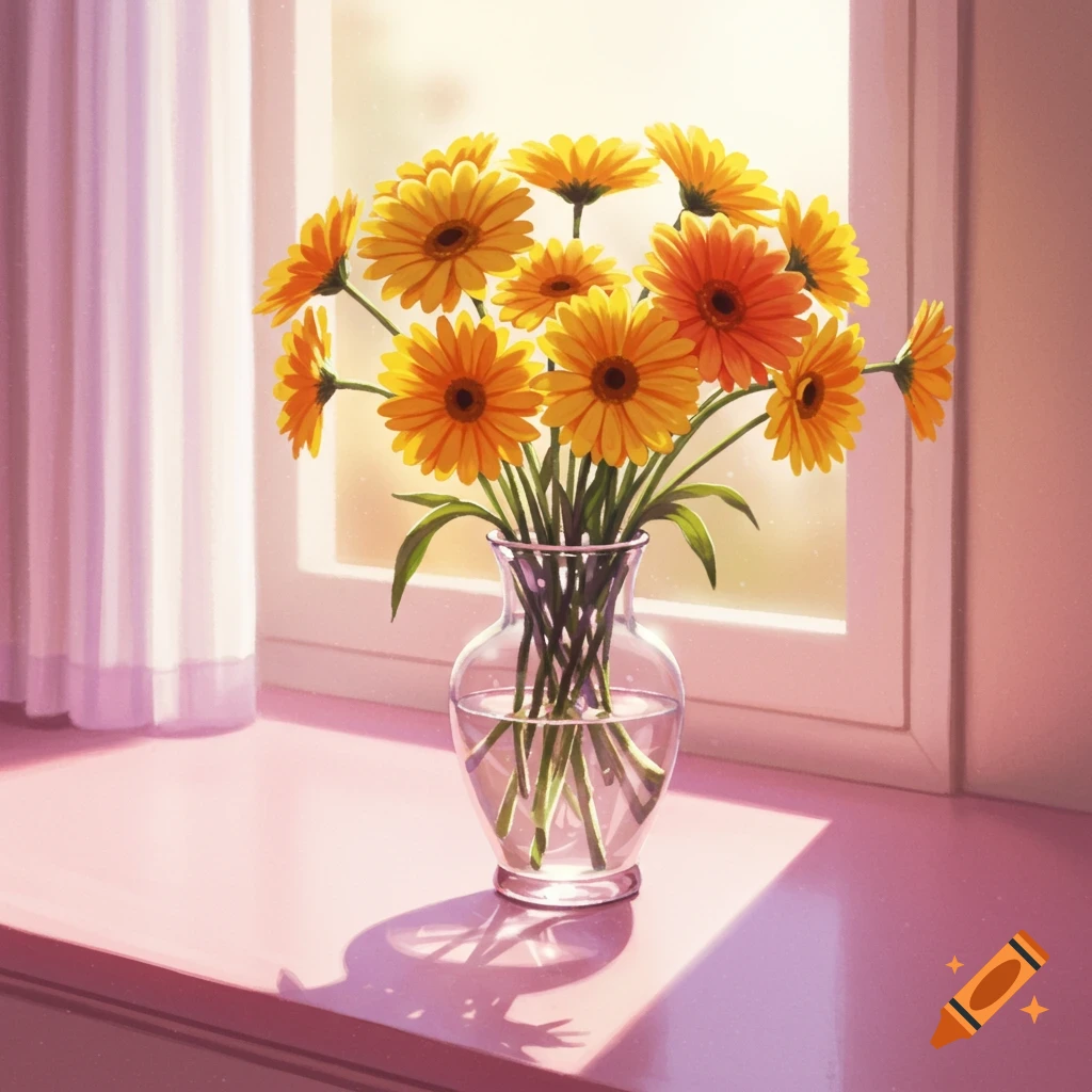 Yellow-orange flowers in a clear vase on a pink countertop with purple shadows by a backlit window, in an illustrative style.