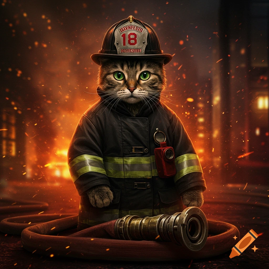 A photorealistic tabby cat in a firefighter's uniform with a helmet and hose nozzle stands amidst a burning background.