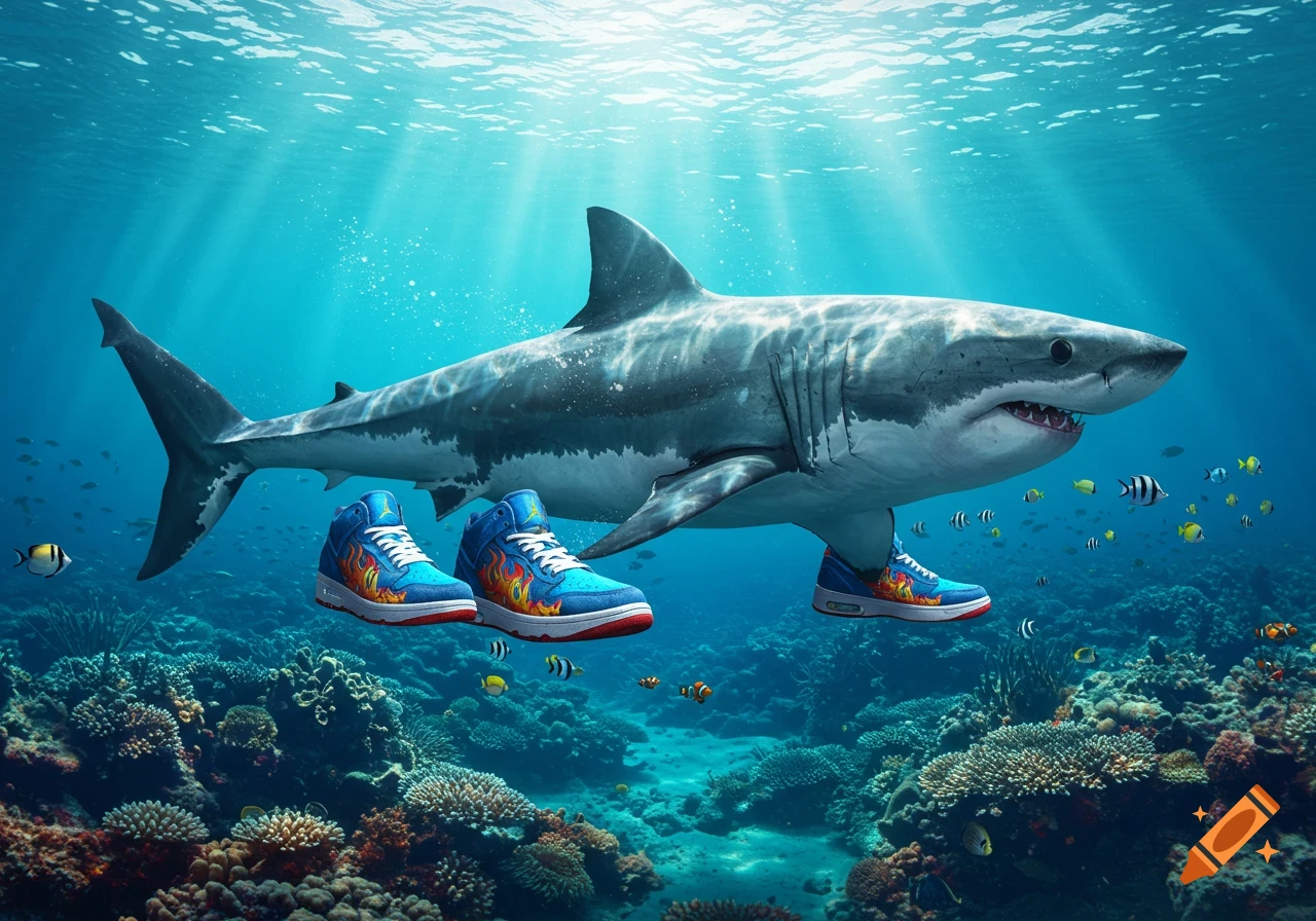 A great white shark wearing four blue sneakers with flame patterns swims underwater above a vibrant coral reef with tropical fish.
