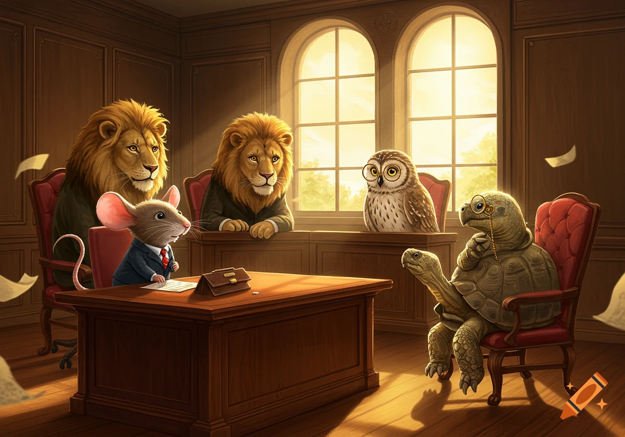 A mouse in a suit sits at a desk, being interviewed by two lions, an owl, and a tortoise in a formal, sunlit room.