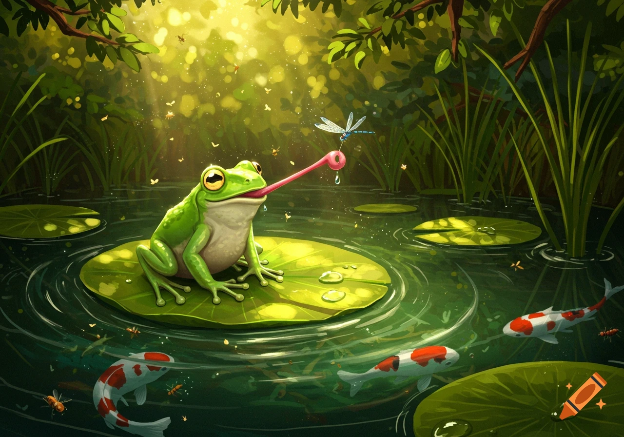 A vibrant illustration of a green frog on a lily pad in a pond, catching a dragonfly. Koi fish swim nearby.