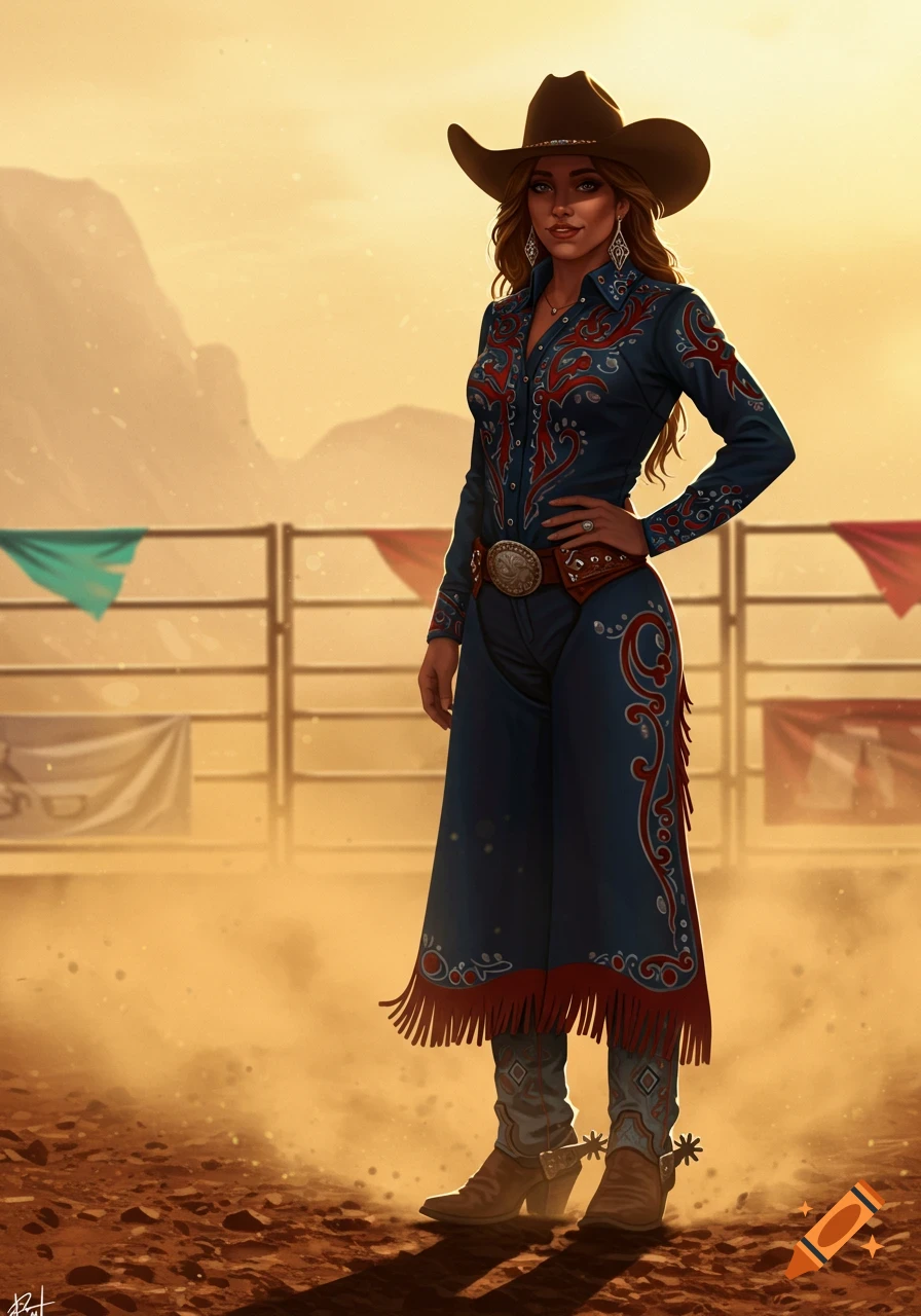 A full-body digital painting of a cowgirl in a rodeo arena at sunset, wearing a blue patterned outfit, cowboy hat, and boots.