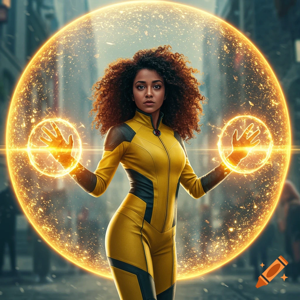 A curly-haired woman in a yellow and black superhero suit stands amid a glowing energy bubble, holding luminous orbs.