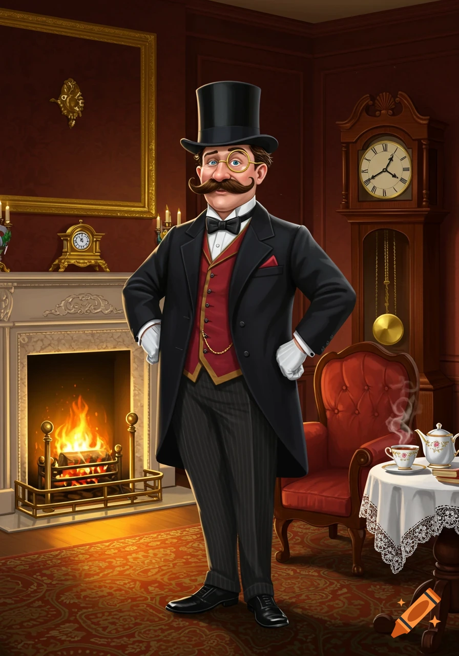 An illustration of a distinguished Victorian gentleman with a mustache, monocle, and top hat, standing in a lavish room by a fireplace.