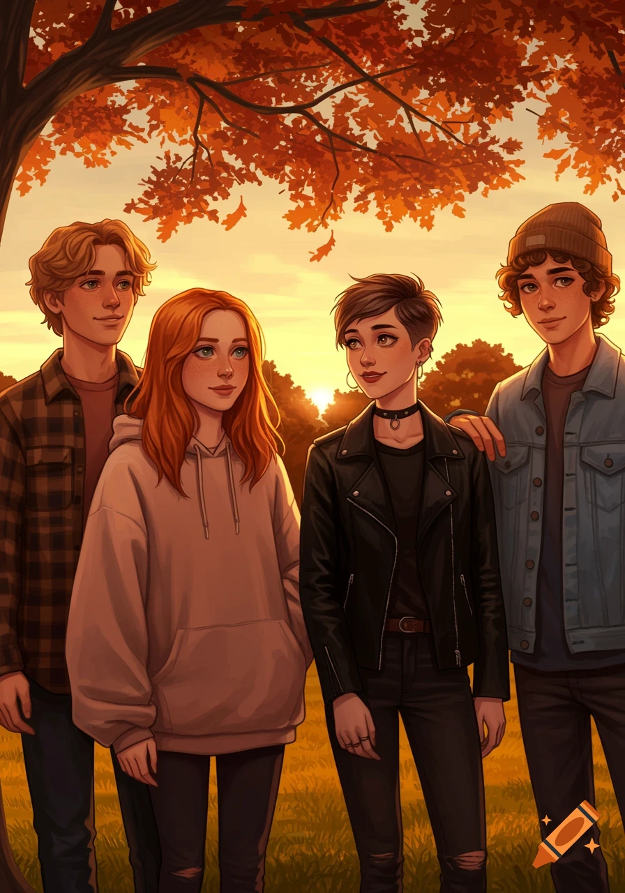 Anime-style illustration of four teenagers (two boys, two girls) standing together under an autumn tree at sunset.