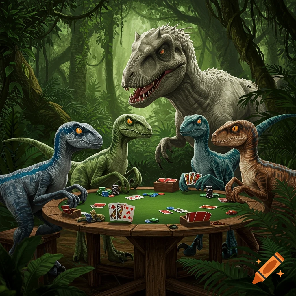 Detailed illustration of four velociraptors playing poker at a wooden table in a dense jungle, with an Indominus Rex looking on, secretly holding a card in its mouth.