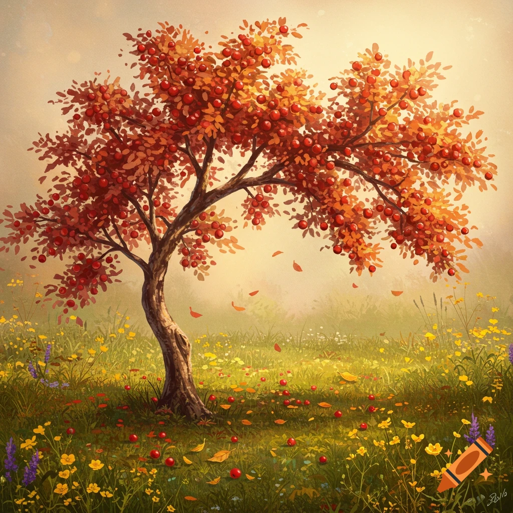 Illustrative painting of an autumn crab apple tree with red leaves and fruit in a sunny meadow filled with wildflowers.