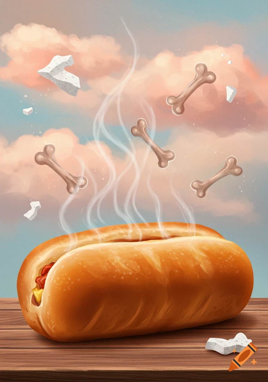 A stylized illustration of a hot dog on a wooden table, with steam rising, surrounded by floating bones and pieces of styrofoam against a cloudy sky.