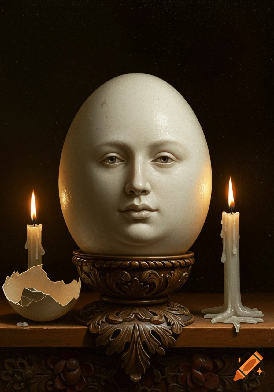 Surreal renaissance oil painting of an egg with a human face on a stand, flanked by lit candles and a broken shell.