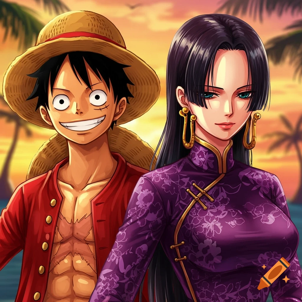 Luffy in a straw hat and red shirt smiles next to Boa Hancock in a purple cheongsam, tropical sunset background, anime style.