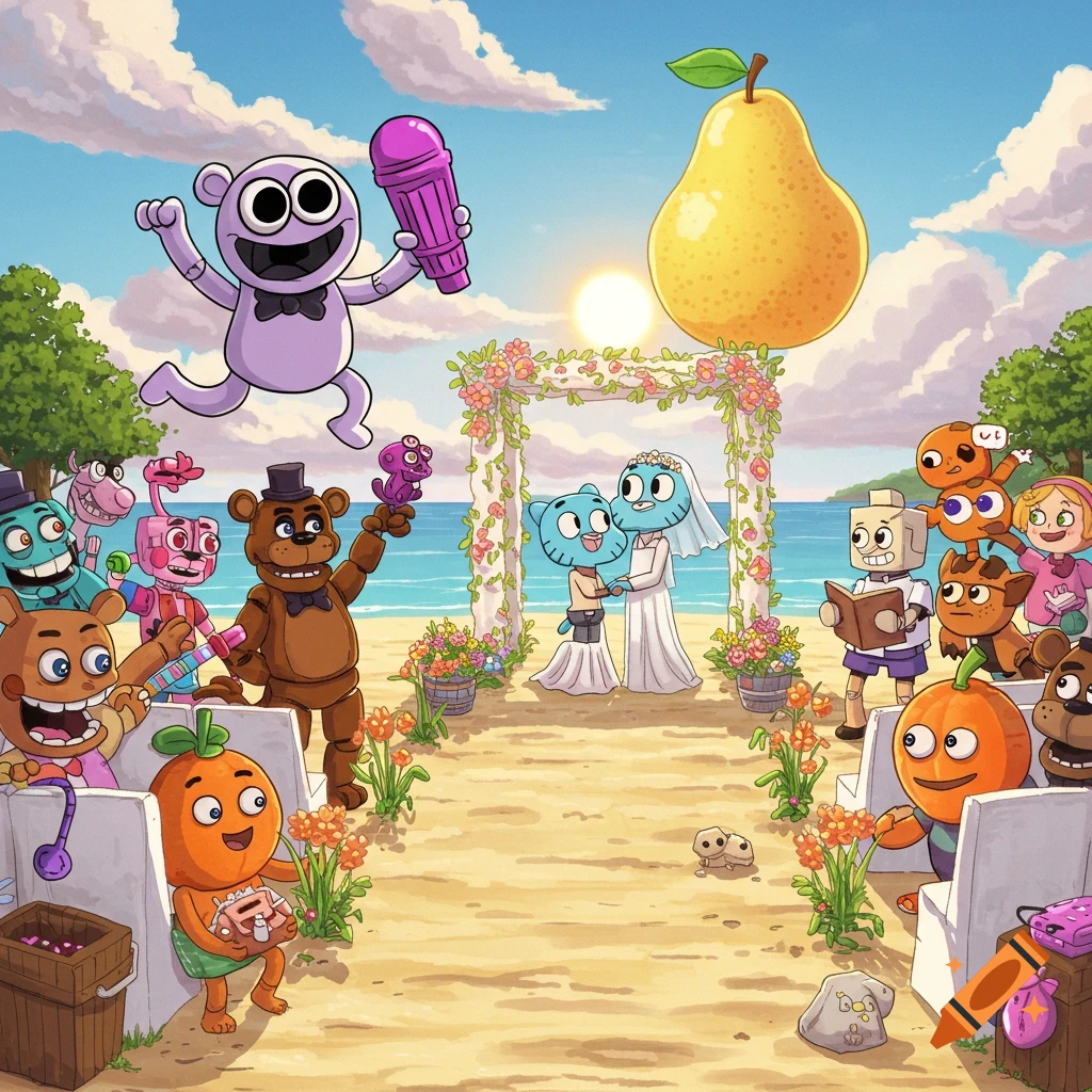 A colorful cartoon image of various characters from different franchises gathered for a beach wedding, with a pear as the sun.
