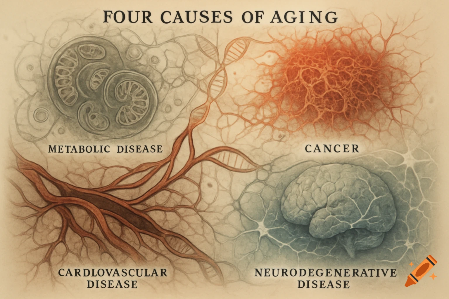 Stylized diagram illustrating the four causes of aging: metabolic, cancer, cardiovascular, and neurodegenerative diseases.