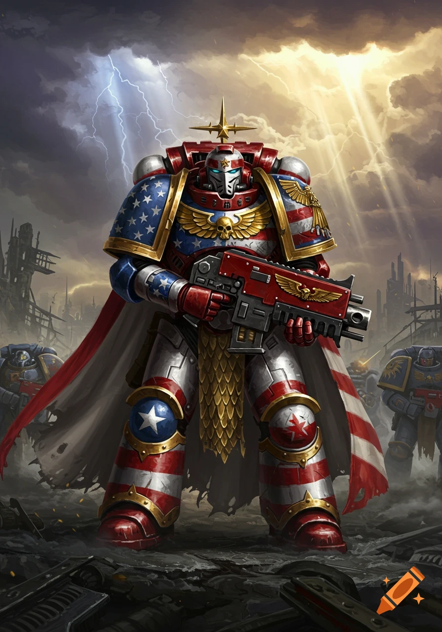 A Warhammer 40k Space Marine in American flag-themed power armor holds a rifle in a war-torn, lightning-lit landscape. Digital painting.