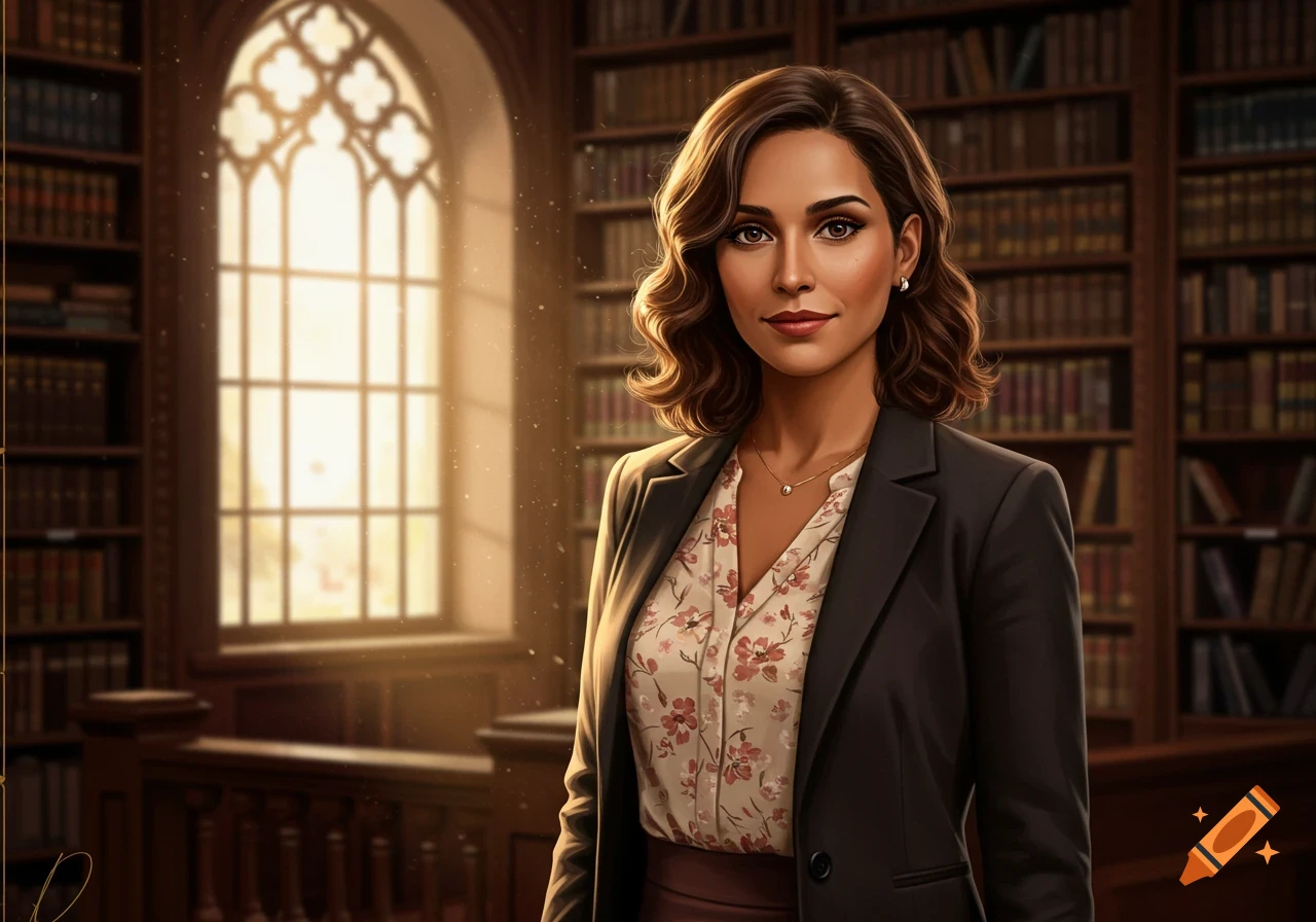 A woman with brown hair and a floral blouse under a black blazer stands in a sunlit library.