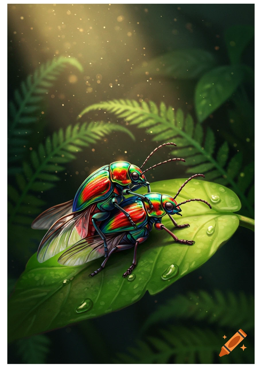 Two vibrantly iridescent green and red beetles, one atop the other, rest on a dew-kissed green leaf in a lush, sun-dappled jungle setting.