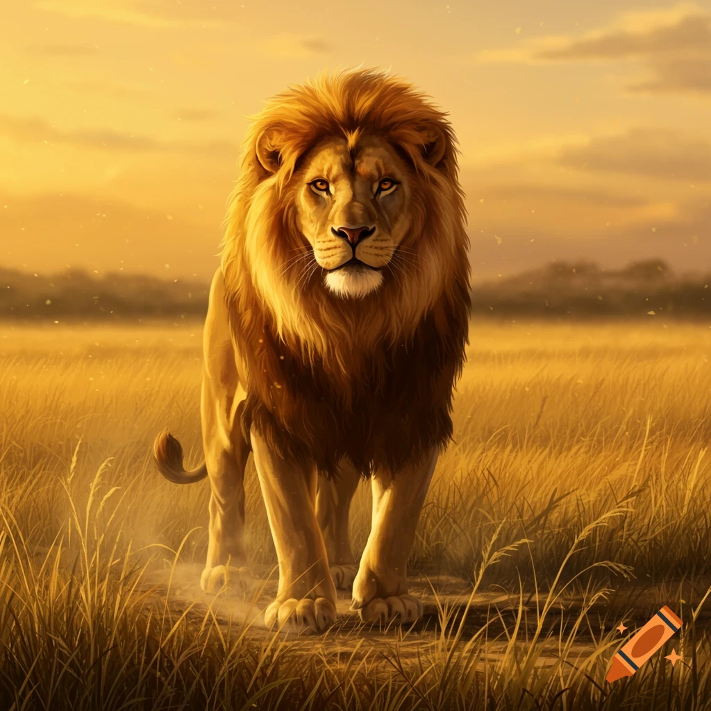 A majestic lion with a golden mane stands in a sunlit savanna field, looking directly forward.