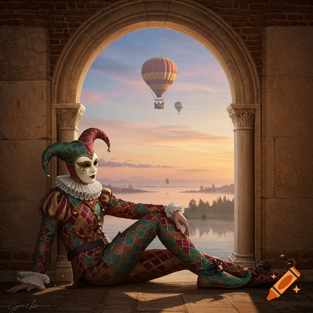 A jester in a vibrant Venetian costume sits in an archway, gazing at a dreamy landscape with hot air balloons at sunset.