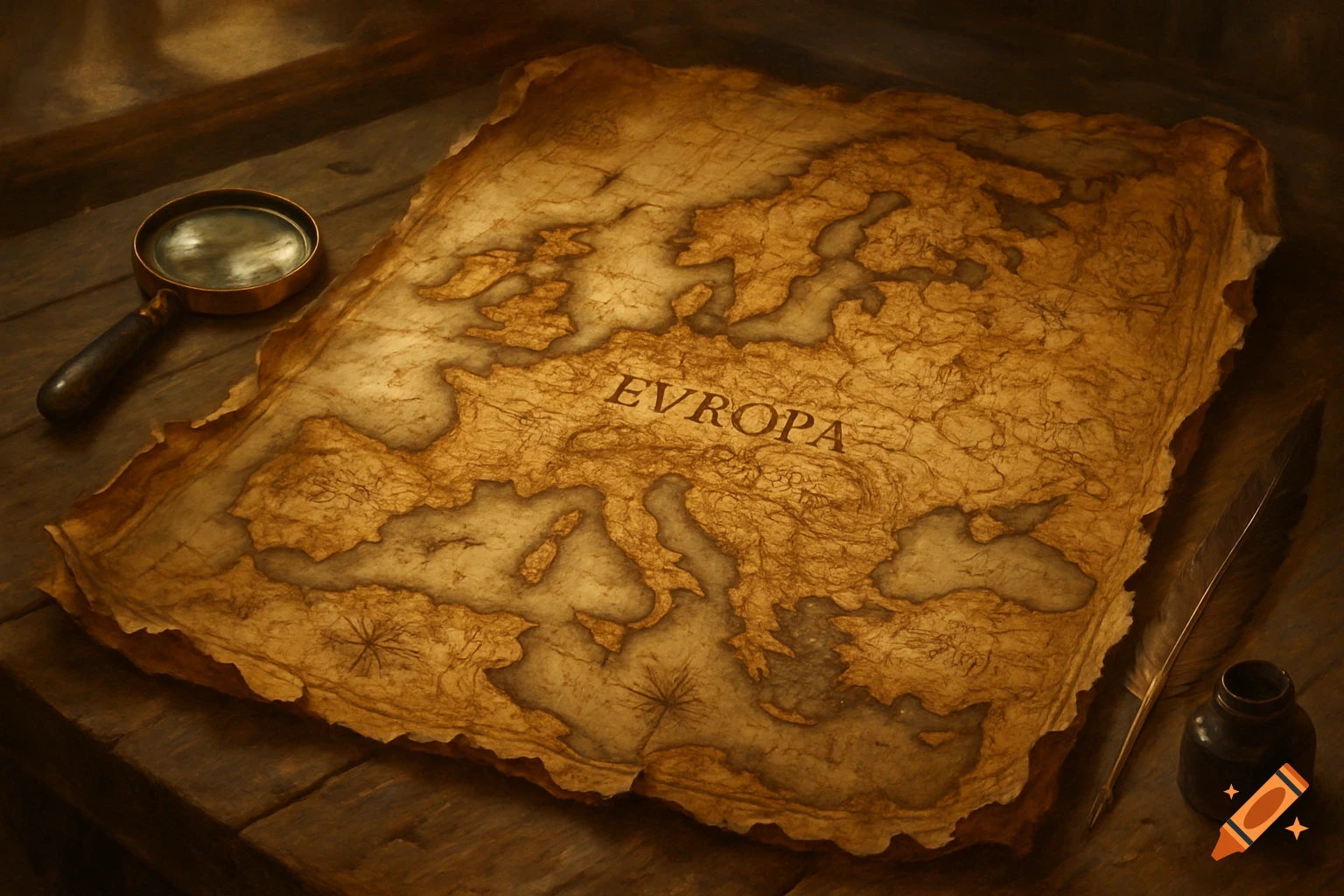 A rustic, tattered old map of Europe, with a magnifying glass, quill, and inkpot on a wooden table, in a warm, low-light setting.